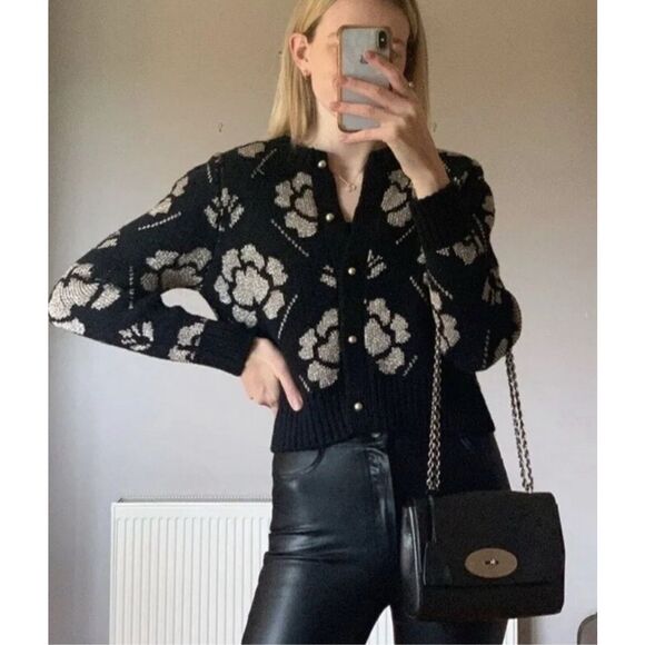 Zara Sweater Womens Medium Black Gold Metallic Floral Knit Button Front Cardigan - Picture 1 of 15
